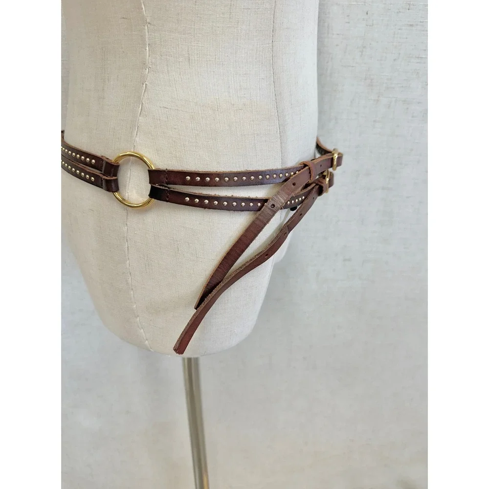 1937 Accessories Genuine Leather Studded Brown Double Wrap Belt Womens ML Boho
